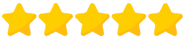 Five yellow stars aligned horizontally, suggesting a five-star rating. The background is transparent, emphasizing the bright yellow color.