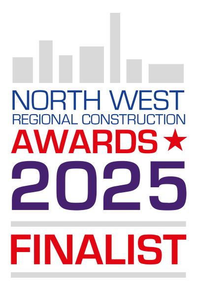 North West Regional Construction Awards 2025 finalist logo with red, blue, and purple text, and gray building silhouette.