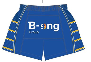 Blue sports shorts with yellow and white stripes. Logo text: "B•-eng Group" on the back. Simple design pattern for Crosfields Rugby Club