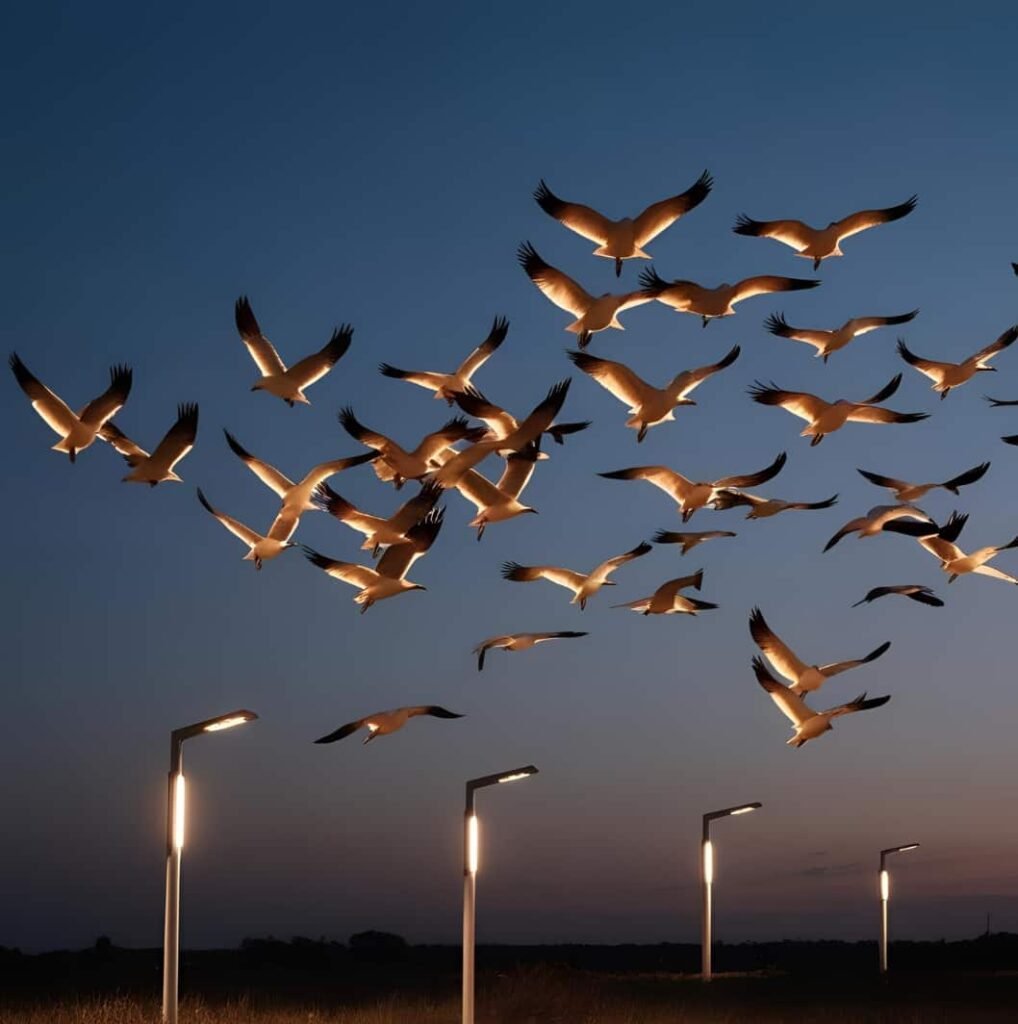 Flock of birds flying over illuminated streetlights at dusk, with a deep blue sky. The warm glow creates a serene and peaceful mood.