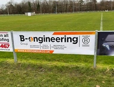 B-engineering banner at rugby pitch at Crosfields