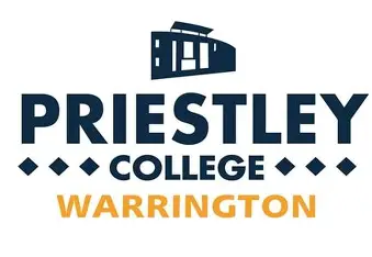 Logo of Priestley College with a building icon above. Text reads "PRIESTLEY COLLEGE" in blue and "WARRINGTON" in orange below.