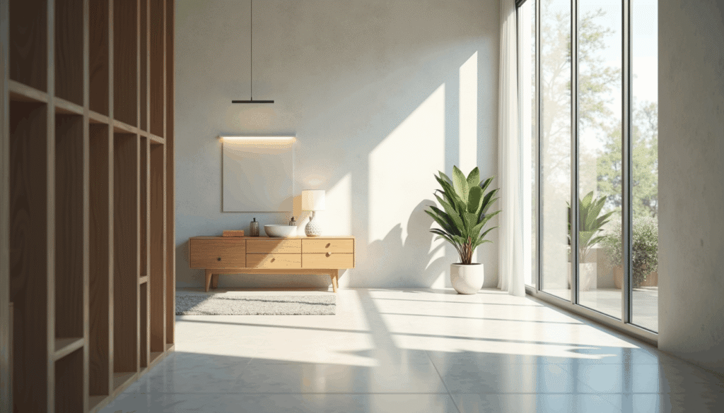 Eye-level view of a modern interior space showcasing daylight and LED integration