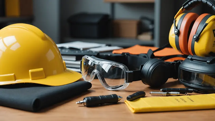 Close-up view of safety equipment displayed on a table