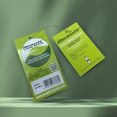 Two green clothing tags on a matching background, featuring "Result Genuine Recycled" text, a QR code, and details about recycled materials.