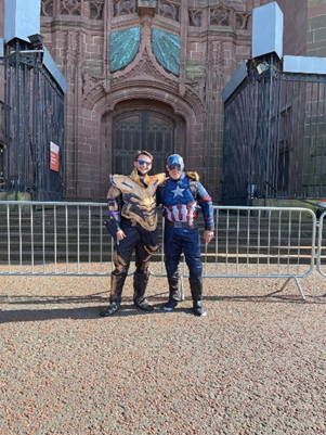 Captain America and Thanos costumes outside Liverpool Anglican cathedral