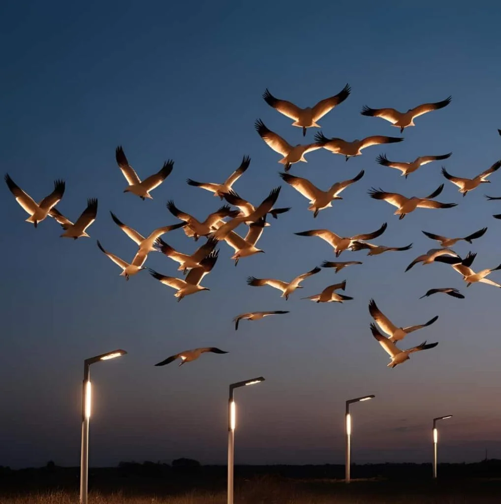Flock of birds flying over illuminated streetlights at dusk, with a deep blue sky. The warm glow creates a serene and peaceful mood.