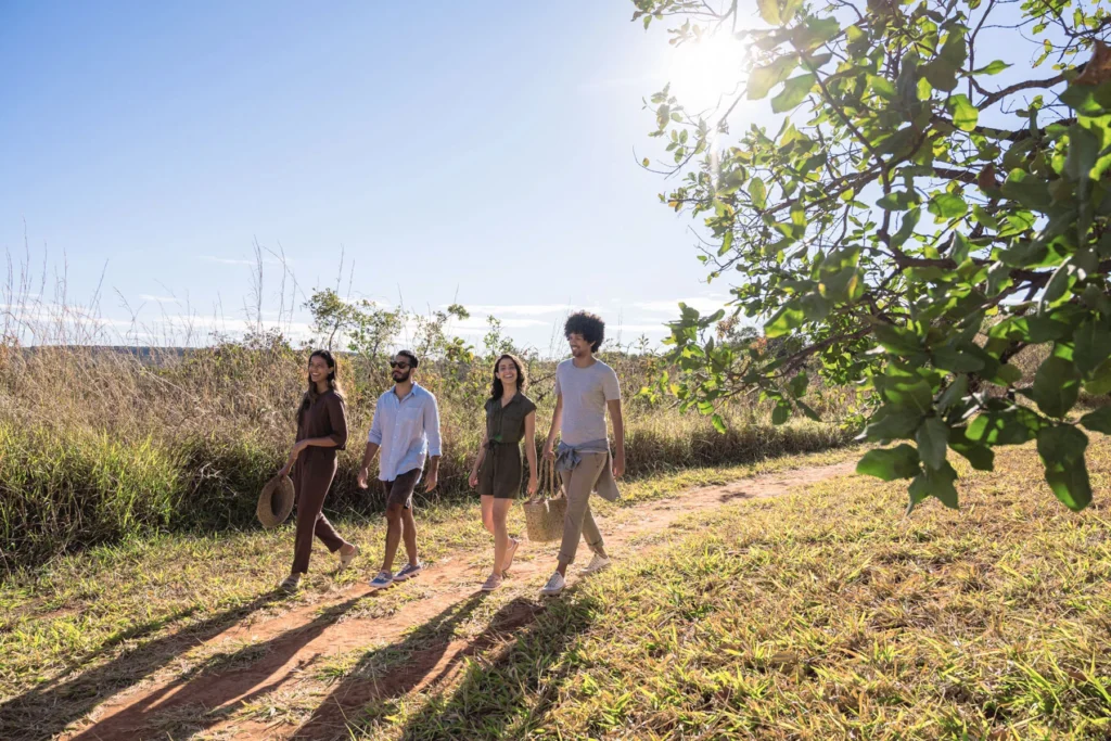 Four people walk on a sunny dirt path through grassy fields, smiling. A tree with green leaves is in the foreground. Clear blue sky.