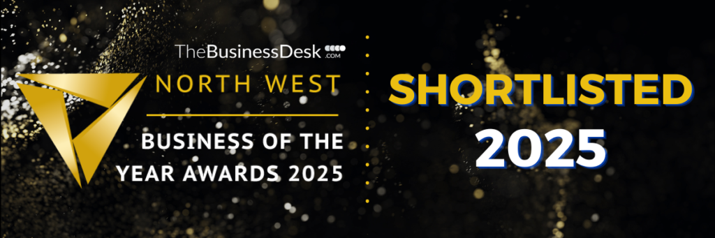 Gold and black "North West Business of the Year Awards 2025" graphic, featuring bold text "SHORTLISTED 2025" with a shimmering background.
