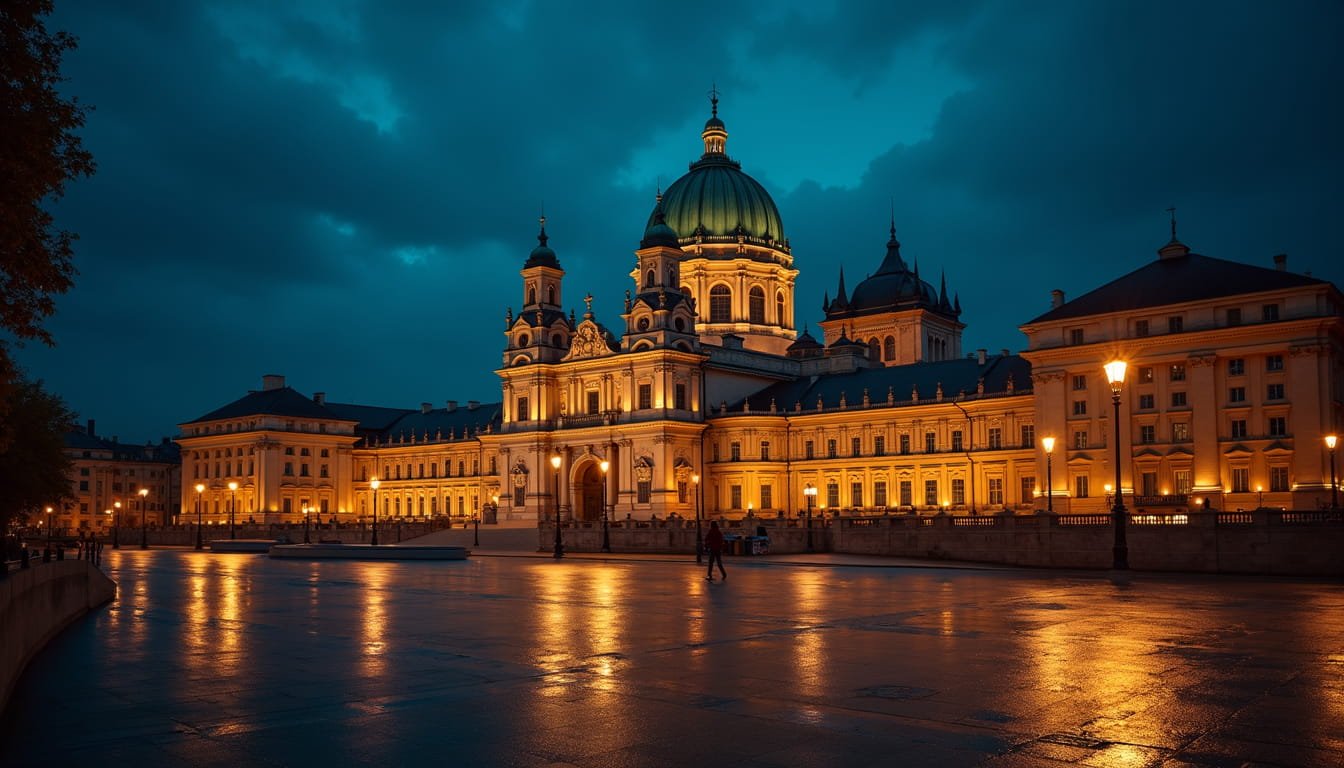 Illuminated baroque-style building with a green dome at dusk, wet pavement reflecting lights, overcast sky, serene mood.