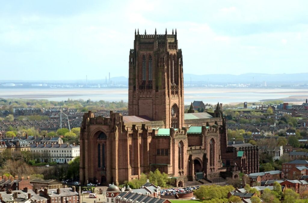 Liverpool Cathedral, aerial view, neo-gothic architecture