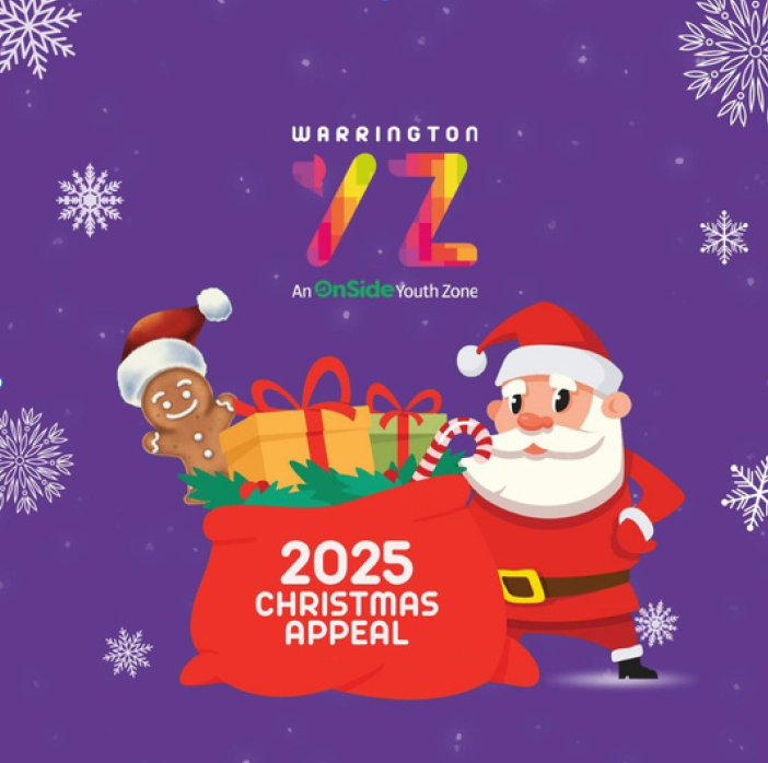 Santa with gifts and a gingerbread man in a red sack, reading "2025 Christmas Appeal" on a purple snowy background. Warrington Youth Zone logo.