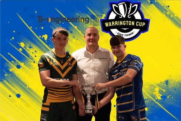 Three people holding a trophy; two in sports uniforms, one in a white shirt. Background with blue-yellow paint strokes and Warrington Cup logo.