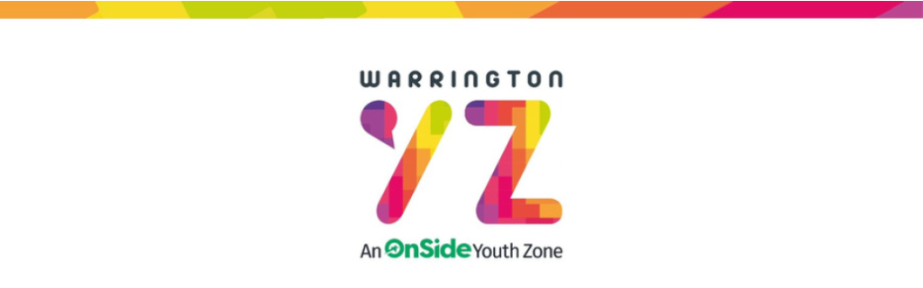 Warrington Youth Zone logo with colorful letters "YZ" on white background. Text: An OnSide Youth Zone. Bright, vibrant design.