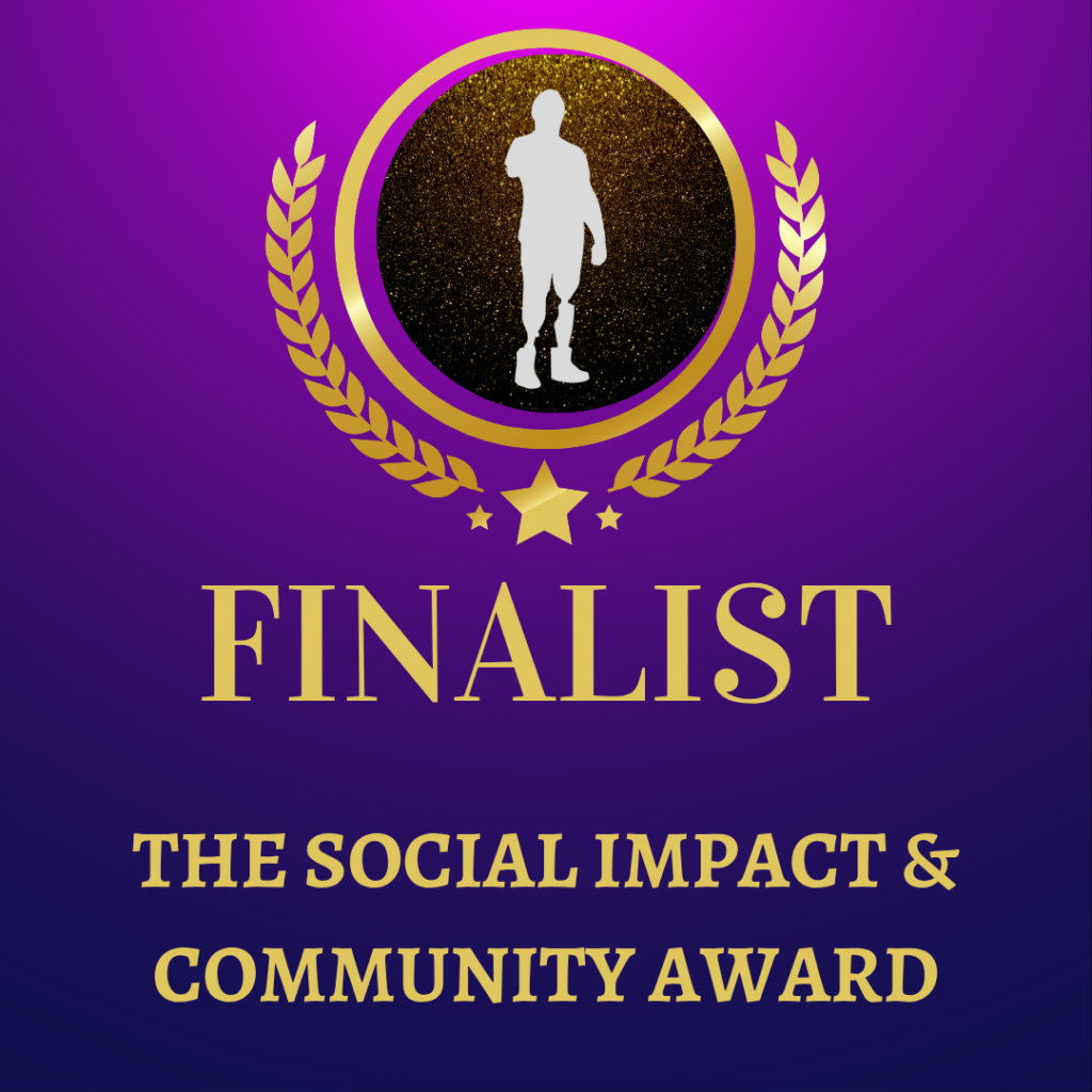 Gold text and laurel on a purple gradient background. "FINALIST: The Social Impact & Community Award" with a silhouette in a circle.
