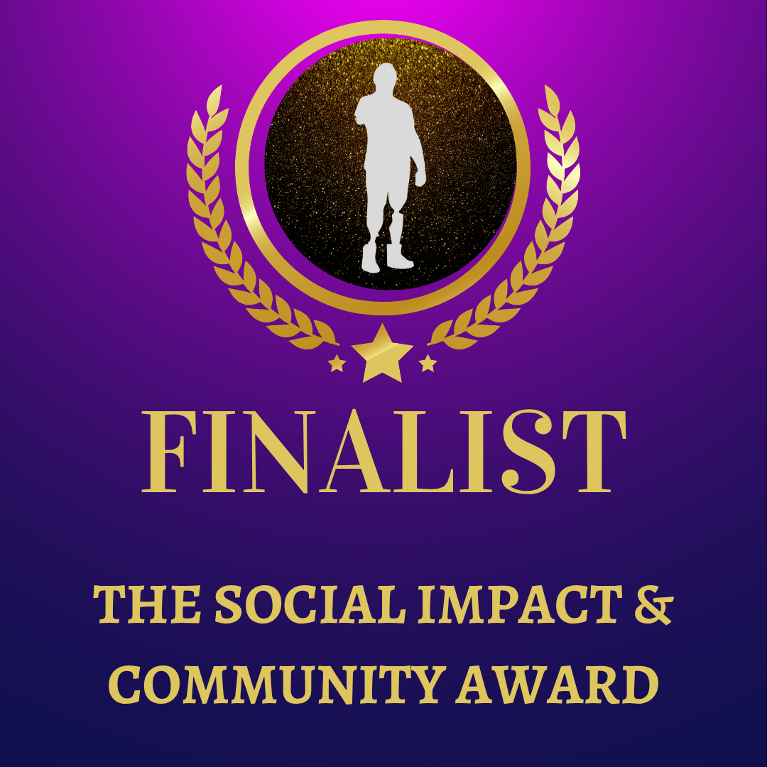 Gold text and laurel on a purple gradient background. "FINALIST: The Social Impact & Community Award" with a silhouette in a circle.