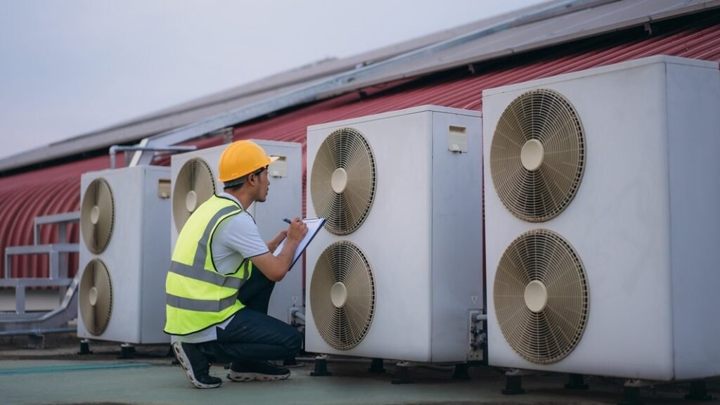 Engineer carrying out a TM44 inspection of commercial air conditioning equipment